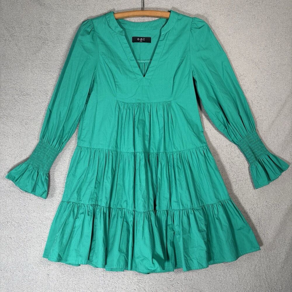 O.P.T Dress Women Dress Size XS Kelly Green Tiered Babydoll Mini Smocked Cottage